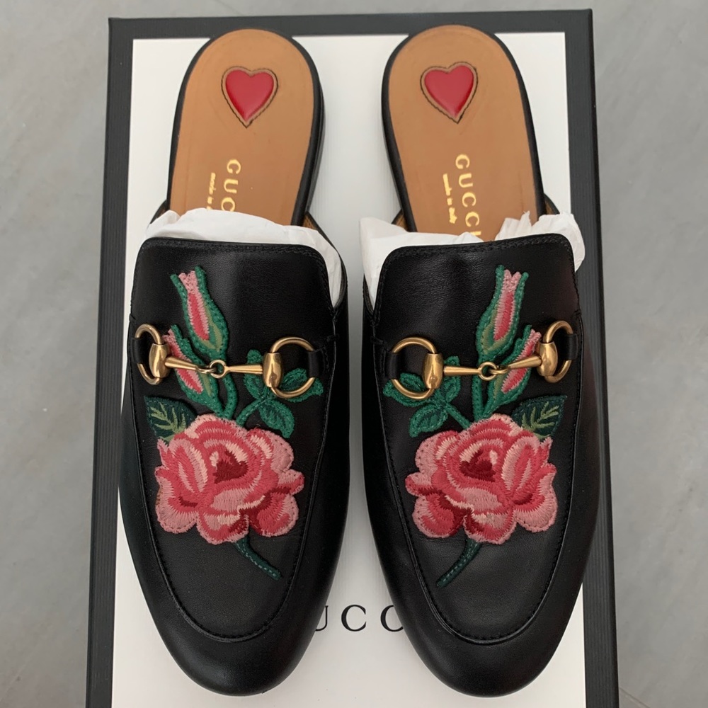 Gucci Princetown Rose Embroidered Mules